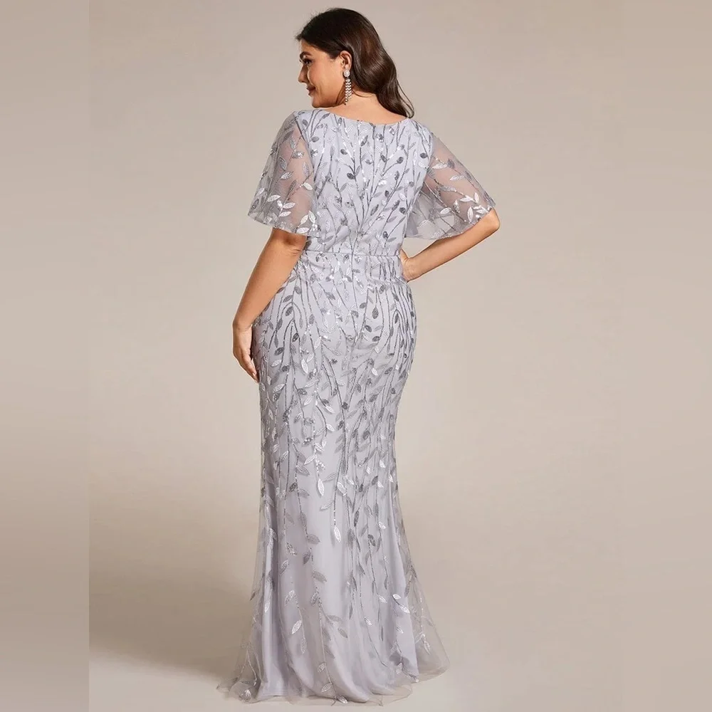 🆕 Fashion Plus Size V Neck Mermaid Sequin & Tulle Evening Dress - Picture 2 of 3